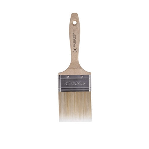 A high-quality image showcasing the Wooster Gold Edge Varnish Paint Brush 5232. The brush features white and gold CT™ polyester filaments, a stainless steel ferrule, and a hardwood handle.