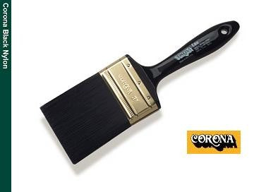 The image shows the Corona Lee Black Nylon Paint Brush 6125. It has a sleek black handle and synthetic nylon bristles. The brush is available in various sizes, including 2", 2-1/2", and 3".