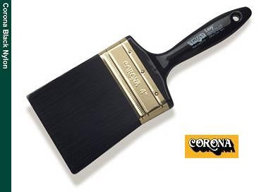A high-quality paint brush - the Corona Levy Black Nylon Paint Brush 6155 - is shown in the image. The brush features a comfortable wooden handle and black nylon bristles.