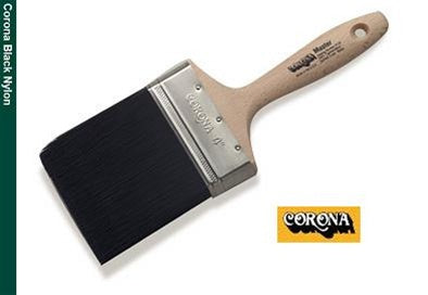 The image shows the Corona Master Black Nylon Paint Brush, available in different sizes. It has a sturdy handle and black nylon bristles. The brush is ready to be used for various painting tasks.