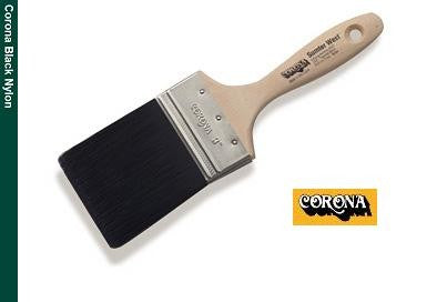 The Corona Sumter West Black Nylon Paint Brush 6327 is shown in the product image. The brush has a black handle and bristles. The handle is ergonomically shaped for comfortable grip, and the bristles are neatly arranged in a flat shape.