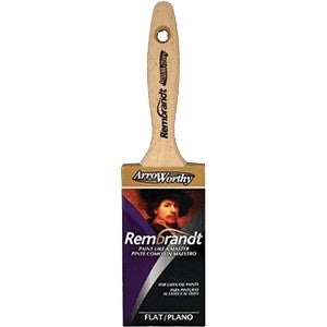 The image shows the ArroWorthy Rembrandt NYLYN Polyester Flat Sash Beavertail Varnish Paint Brush 6436 with its distinctive semi-oval shape, natural wood handle, and stainless-steel ferrule.