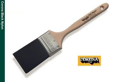 The Corona Sash Master Black Nylon Paint Brush 6470 is shown in the image. It features a comfortable handle and bristles made of black nylon. The brush is available in various sizes.