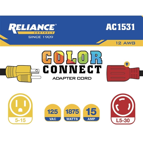 Reliance Controls AC1531 Color Connect 12/3 SJTW 125 V 12 in. L Adapter Cord