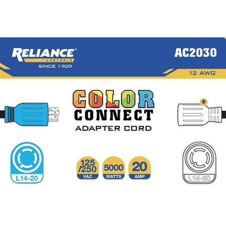 Reliance Controls AC2030 Color Connect 12/3 SJTW 120/240 V 12 in. L Adapter Cord