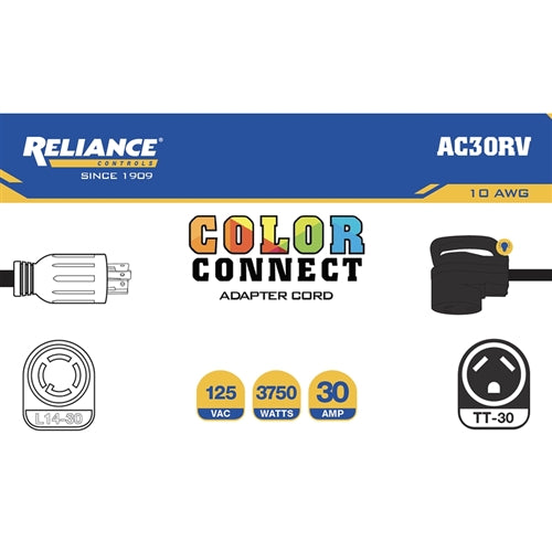 Reliance Controls AC30RV Color Connect 10/3 SJTW 125 V 12 in. L Adapter Cord