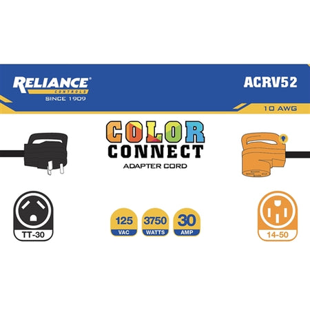 Reliance Controls AC52RV Color Connect 10/3 SJTW 125 V 12 in. L Adapter Cord