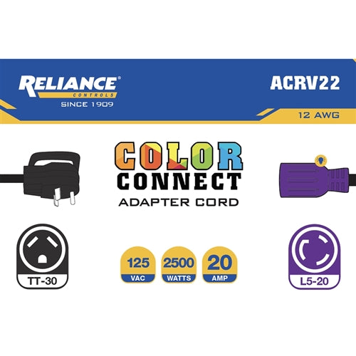 Reliance Controls ACRV22 Color Connect 12/3 SJTW 125 V 12 in. L Adapter Cord