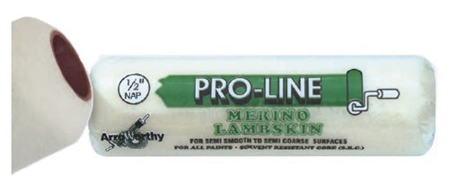 The image showcases the ArroWorthy Pro-Line Merino Lambskin Roller Cover, featuring its high-capacity shearling fabric and durable phenolic core. 