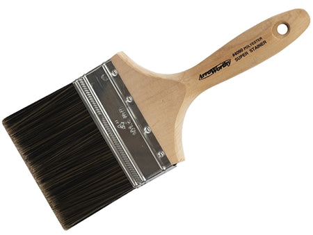 The image shows the ArroWorthy 4" Polyester Super Stainer Paint Brush 4090 with its natural wood handle and stainless ferrule. The bristles are neatly trimmed for precision painting.