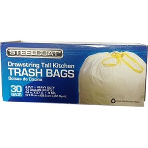 Steelcoat 13G White Tall Kitchen Bag w/ Drawstring 30 Count FGP9941-35