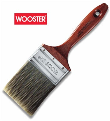 Wooster J4104 2-1/2" Super/Pro Ermine Firm Varnish Paint Brush showcasing its gold nylon/sable polyester bristles and chisel trim.