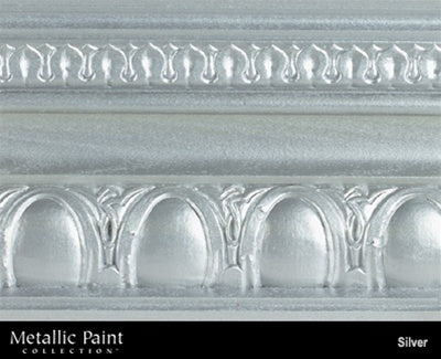 Modern Masters Precious Metals ME150 Silver shown on a piece of crown molding.