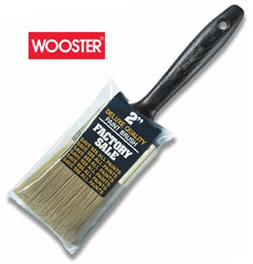 Wooster Factory Sale Paint Brush featuring gold polyester bristles with a chisel trim.