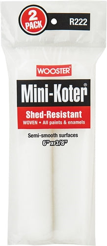 A close-up image of the Wooster Mini-Koter Shed-Resistant Roller Cover shows its white fabric surface which promises a smooth finish with all types of paints and enamels. 