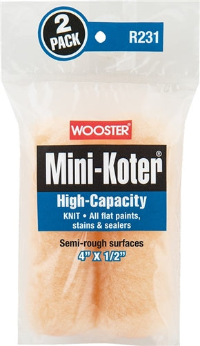 The image shows the Wooster Mini-Koter High Capacity Knit Roller Cover R231. Its compact size and high-quality fabric are visible.