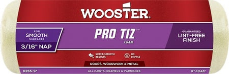 The image shows the Wooster Pro Tiz Roller Cover R265 featuring a high-capacity yellow foam roller cover attached to a sturdy professional phenolic core.