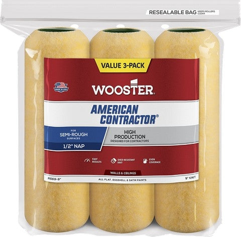 Wooster American Contractor Roller Cover 3 Pack in a reasealable bag.