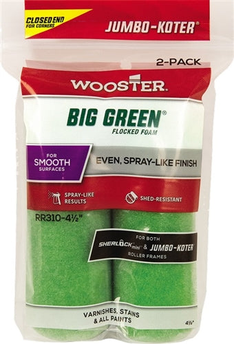 Wooster Jumbo-Koter Big Green Mini Roller Cover features Lime green flocked foam for a smooth finish.