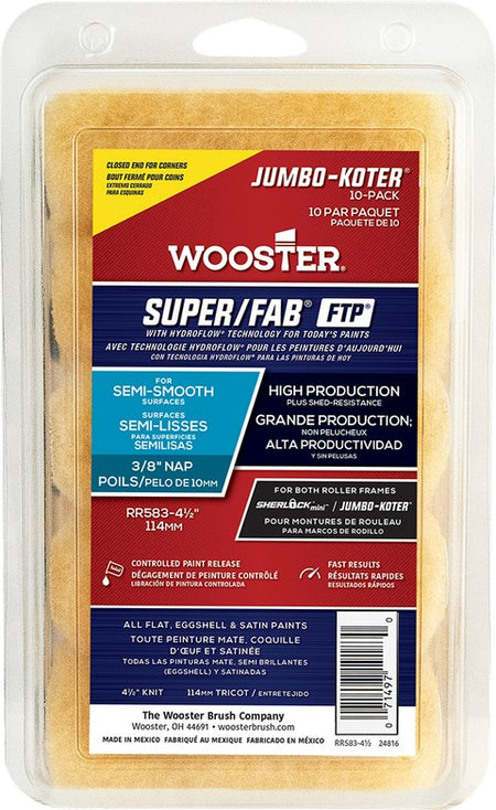 Wooster Closed-End Jumbo-Koter Super/Fab FTP™ Mini Roller Cover 4-1/2 Inch x 3/8 Inch Nap 10-Pack