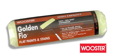 Wooster Golden Flo Paint Roller Cover image highlighting the high-capacity yellow fabric.