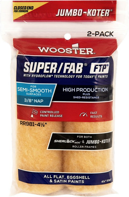 Wooster Closed-End Jumbo-Koter Super/Fab FTP™ Mini Roller Cover 4-1/2 Inch x 3/8-Inch Nap 2-Pack