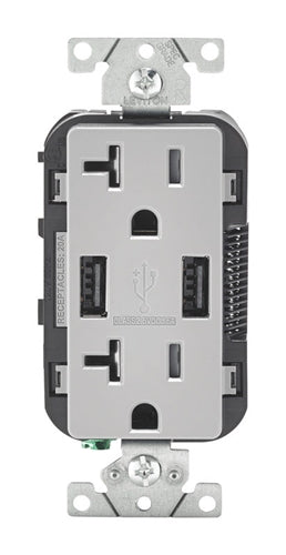 Leviton 3.6A USB Type-A/Type-A Wall Outlet Charger with 20A Tamper-Resistant Receptacles T5832 Gray